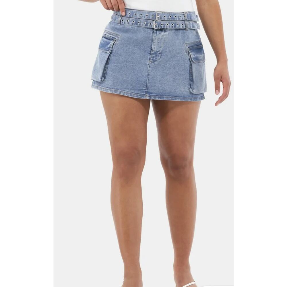 NWT Denim jean Mini Skirt Cargo Large 12-14 Double Belted festival concert